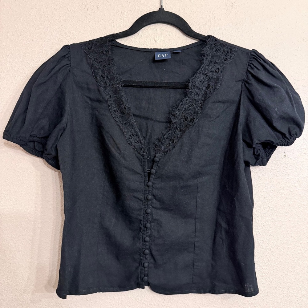 Gap Women Black Linen Blend Lace Trim V-Neck Button Front Puff Sleeve Blouse S